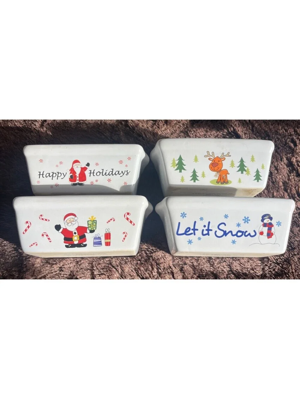 Title:HOLIDAY BAKE! Christmas Mini Loaf Pans Set 4 Ceramic Dishes Santa Snowman